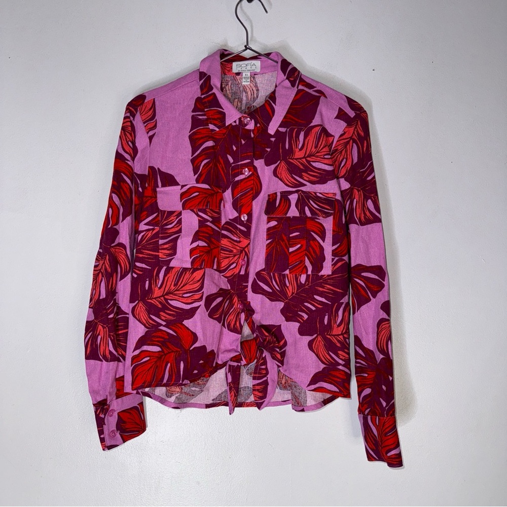 Sofia Jeans XS Linen Blend Button Down Tie Front Pink Red Palm Leaves Top CP
